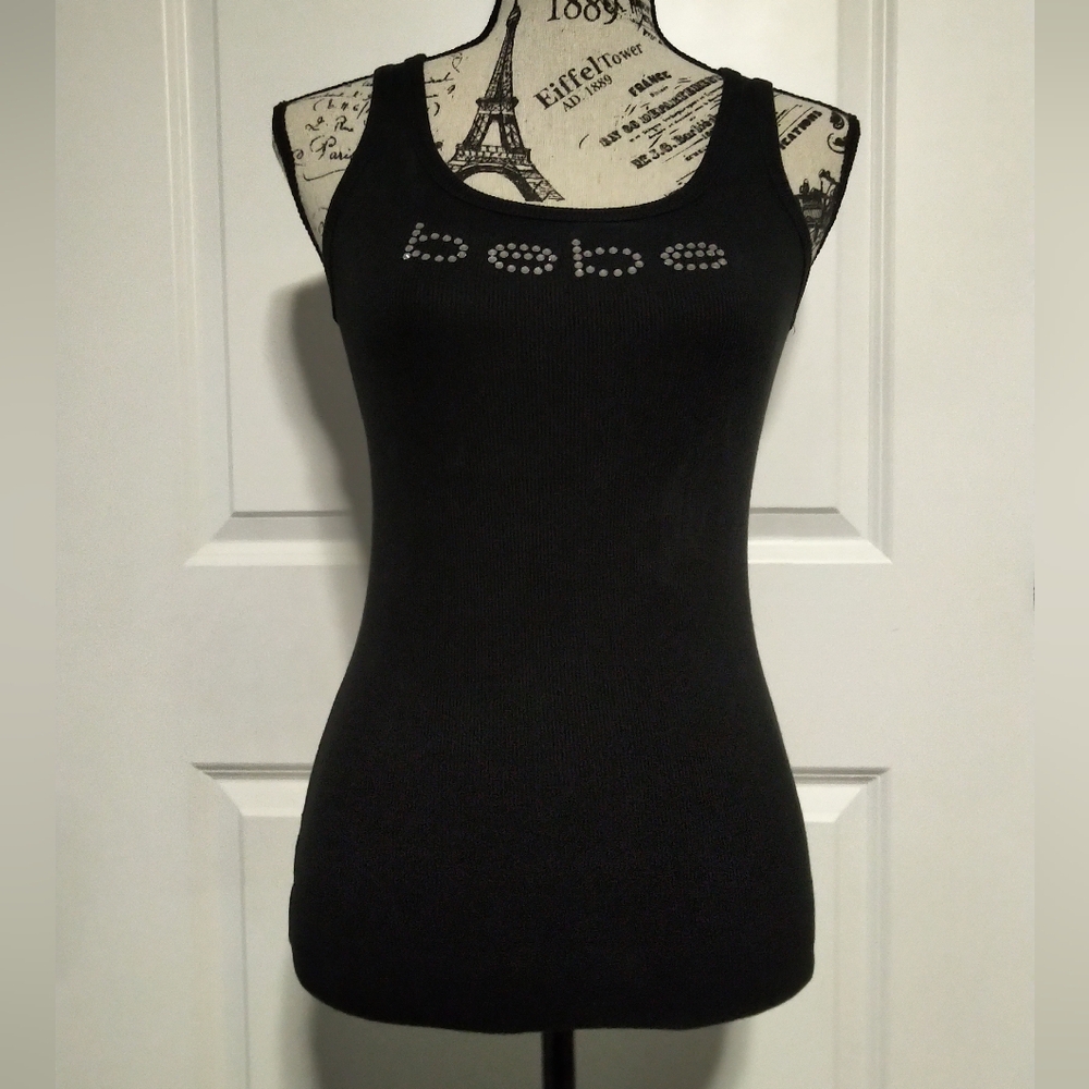 Bebe Black Rhinestone Logo Tank Top